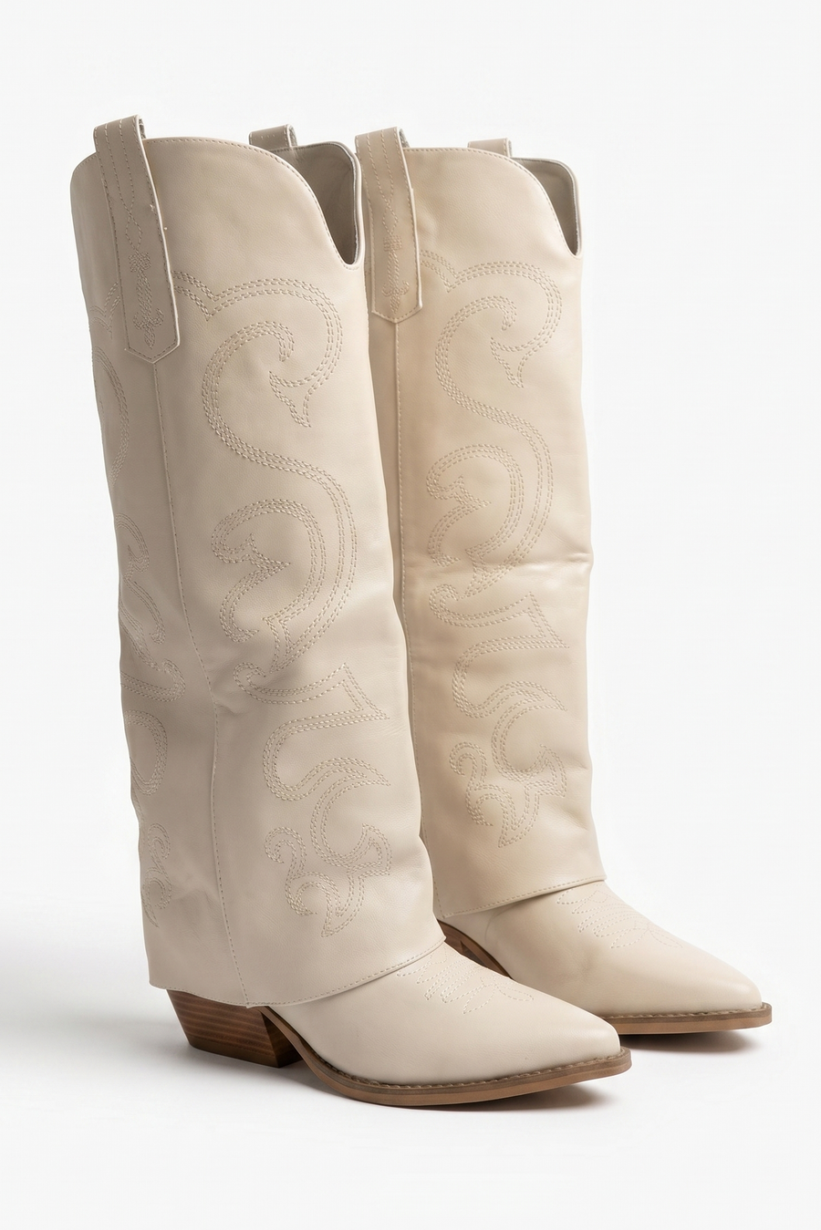 Beige PU Layered Knee High Cowboy Boots - Rebecca