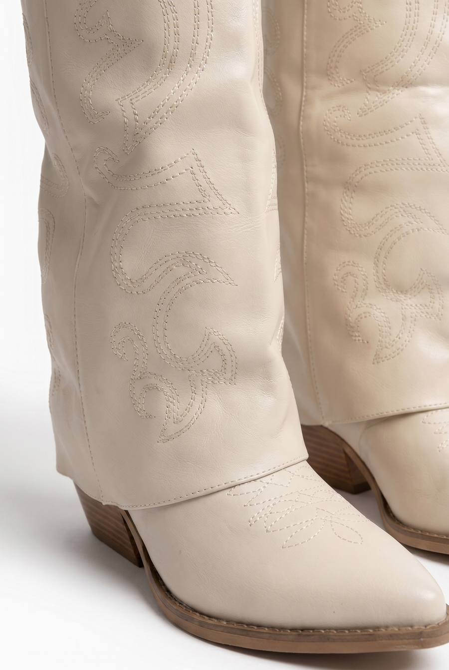 Beige PU Layered Knee High Cowboy Boots - Rebecca