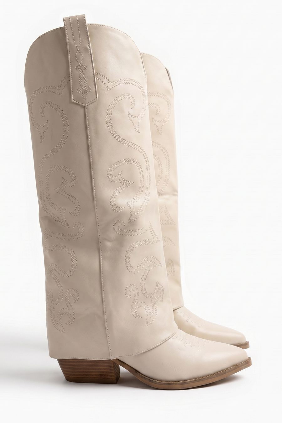 Beige PU Layered Knee High Cowboy Boots - Rebecca