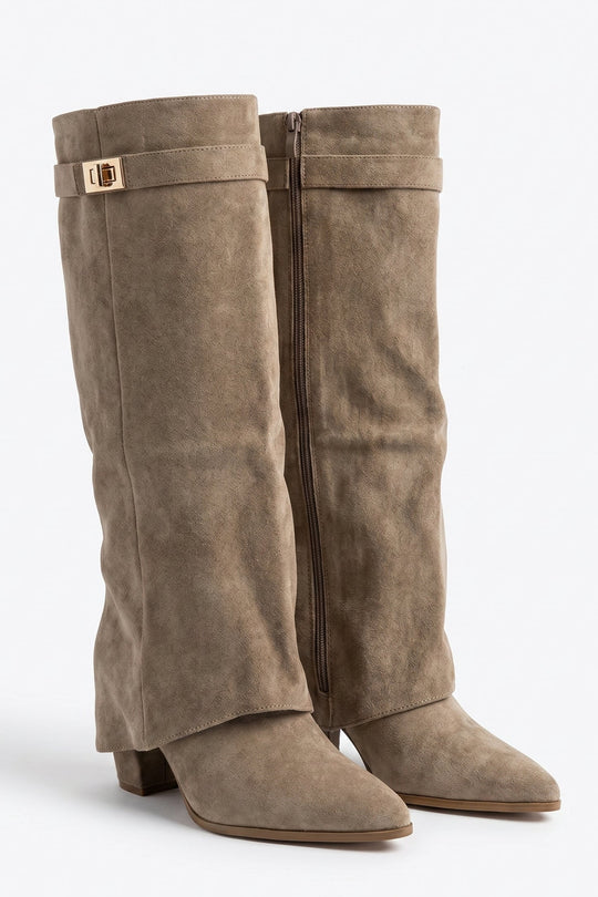 Taupe Faux Suede Trim Detail Layered Knee High Boots - Rita
