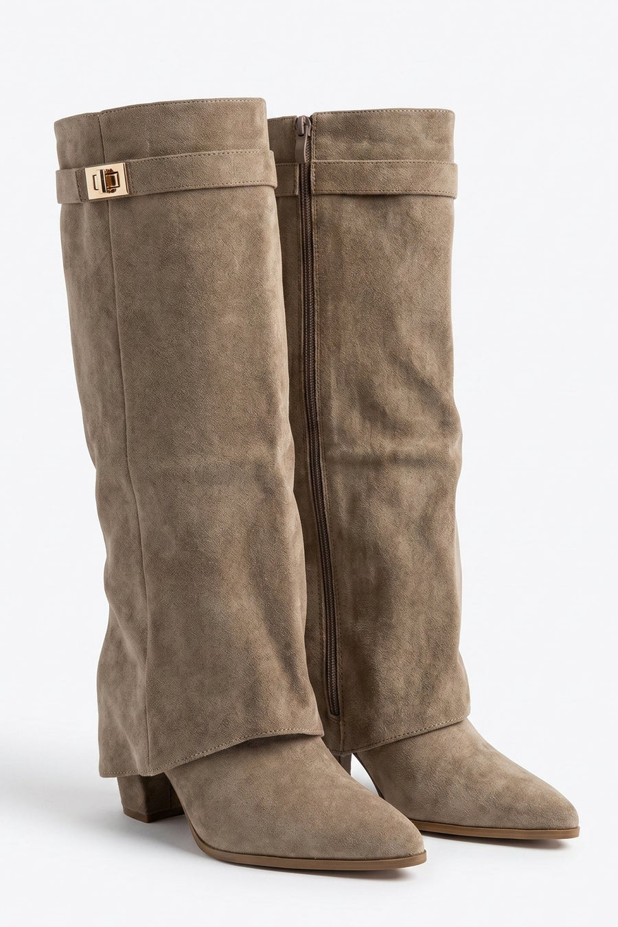 Taupe Faux Suede Trim Detail Layered Knee High Boots - Rita