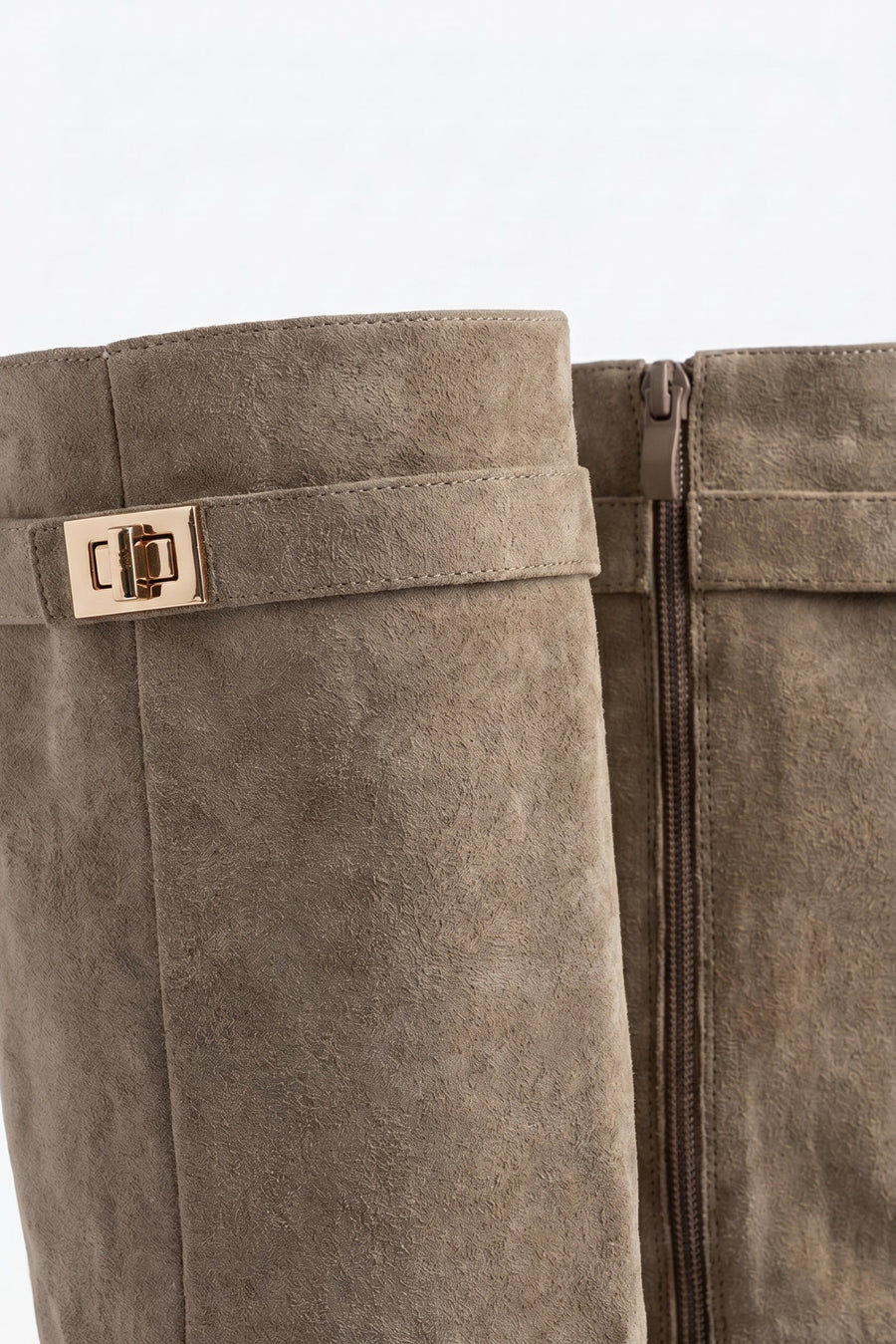 Taupe Faux Suede Trim Detail Layered Knee High Boots - Rita