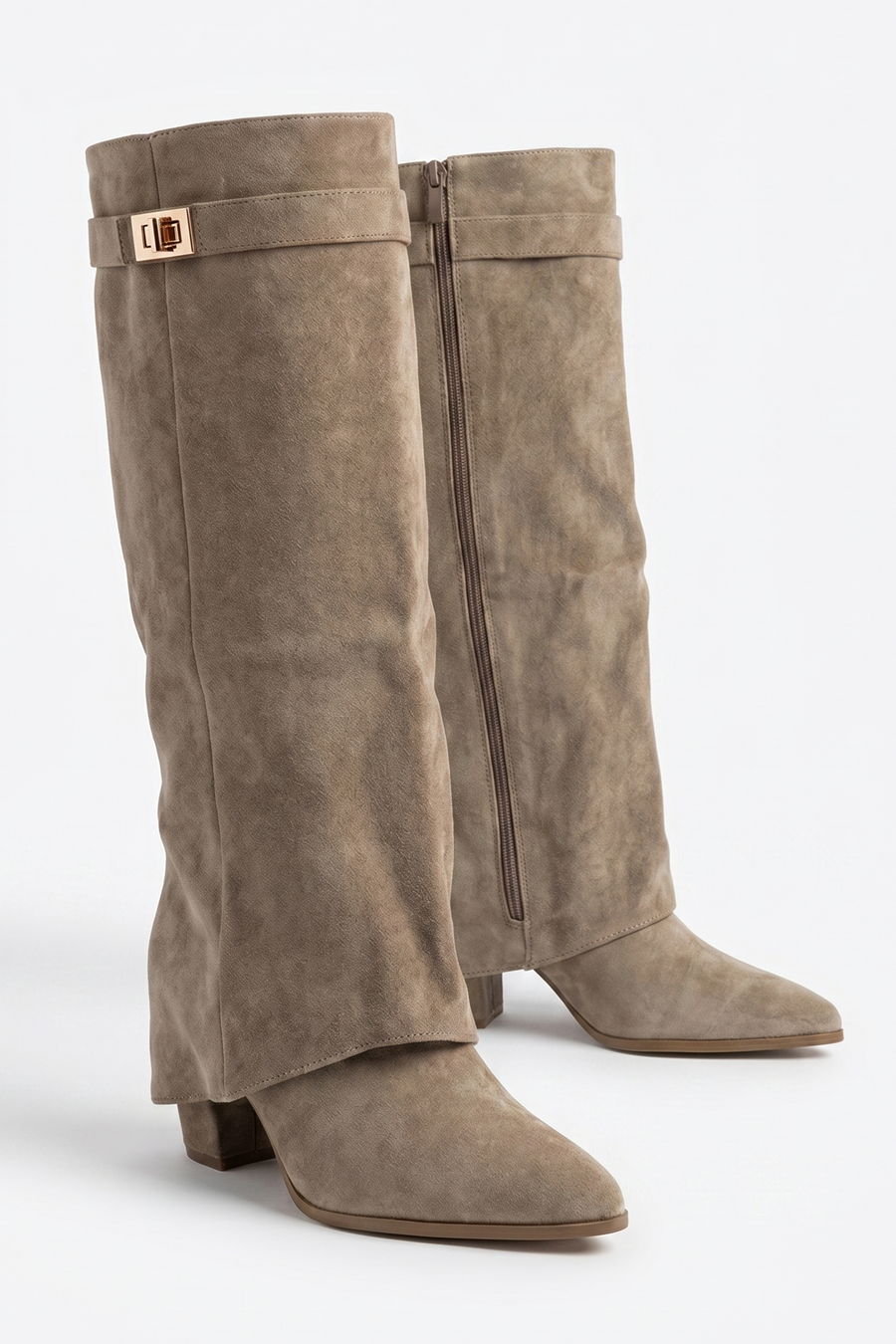 Taupe Faux Suede Trim Detail Layered Knee High Boots - Rita