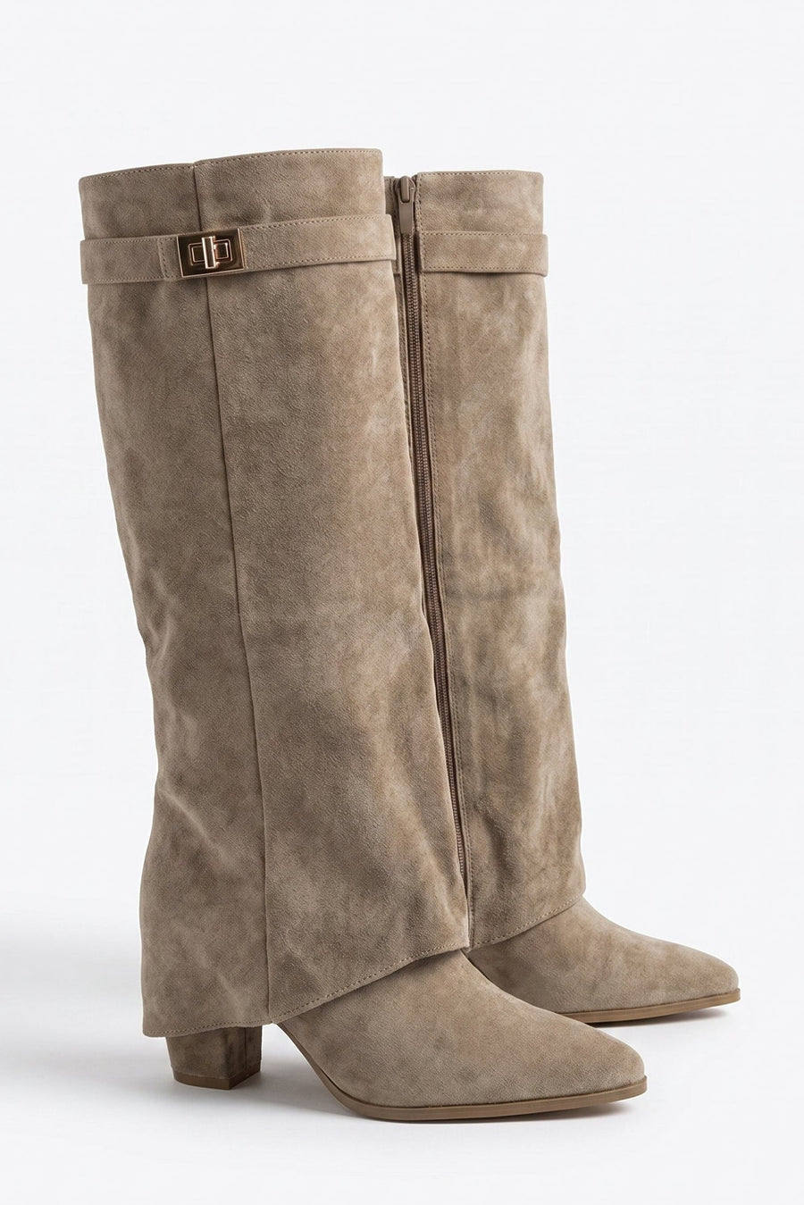 Taupe Faux Suede Trim Detail Layered Knee High Boots - Rita