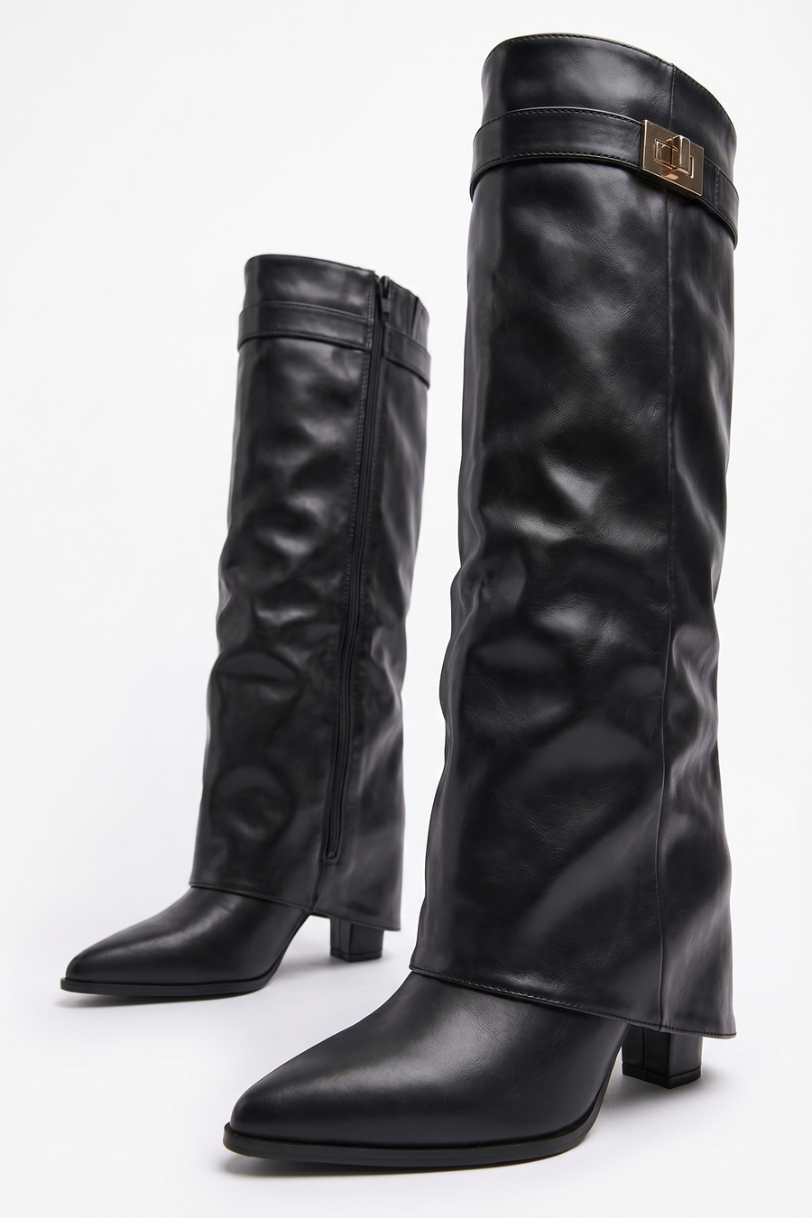 Black PU Trim Detail Layered Knee High Boots - Izzy