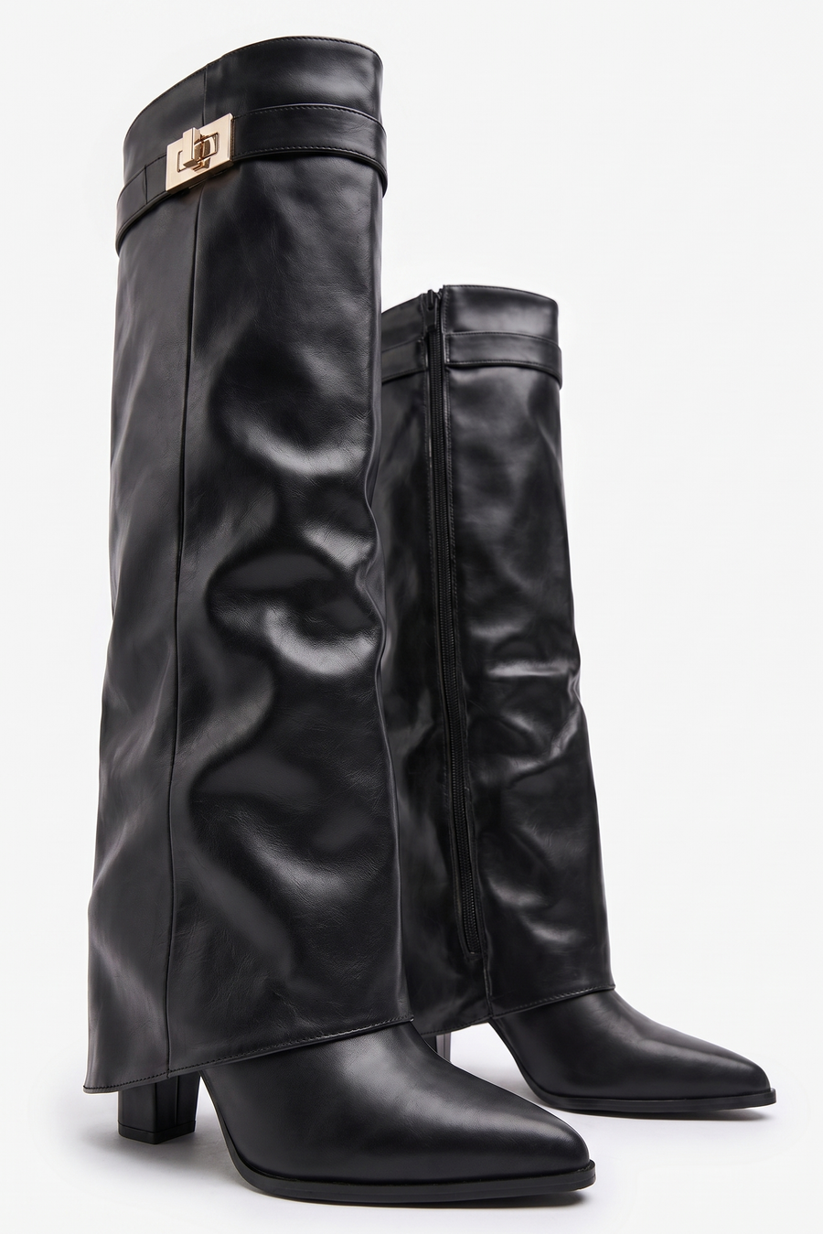 Black PU Trim Detail Layered Knee High Boots - Izzy