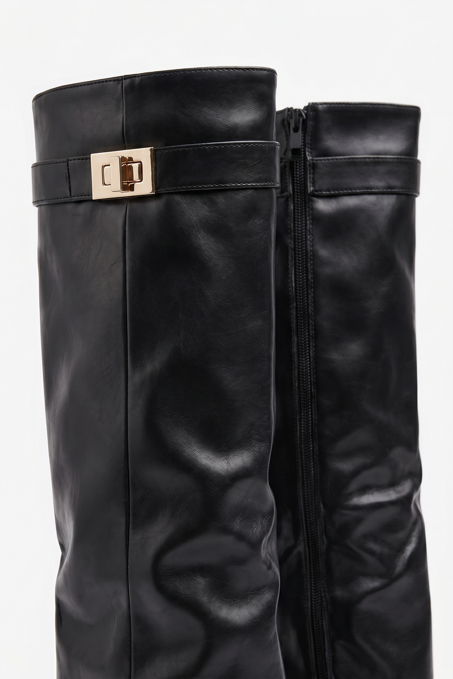 Black PU Trim Detail Layered Knee High Boots - Izzy