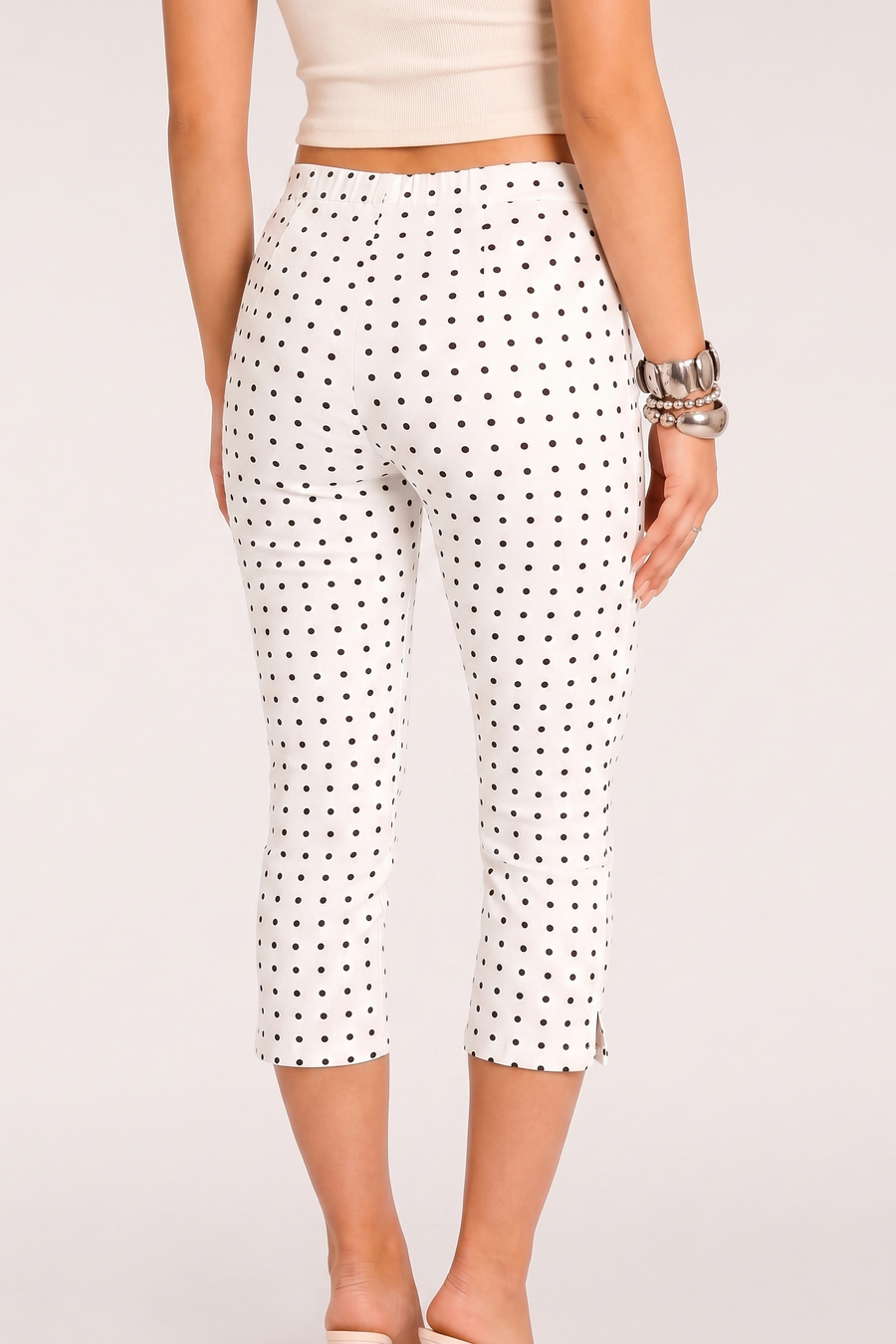 White Polka Dot Bengaline Split Hem Capri Pants - Claudia