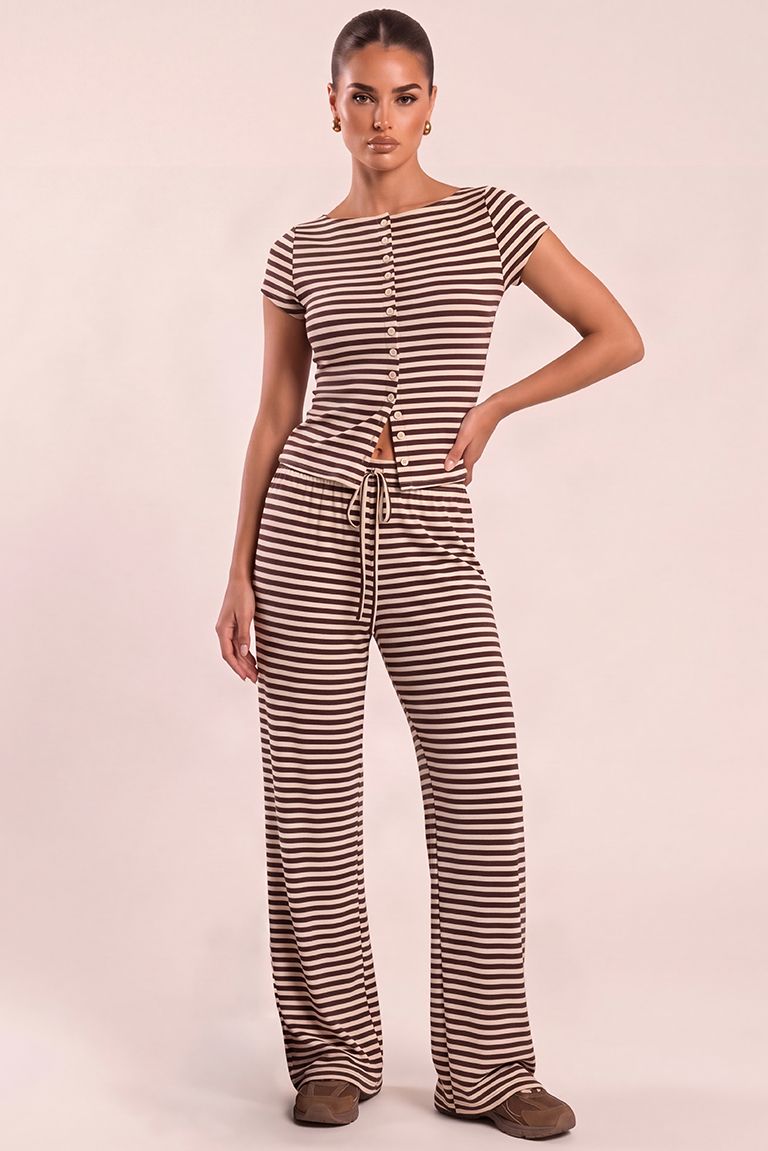 Brown Striped Jersey Button Front Top and Trouser Loungewear Co-ord Set - Leesha