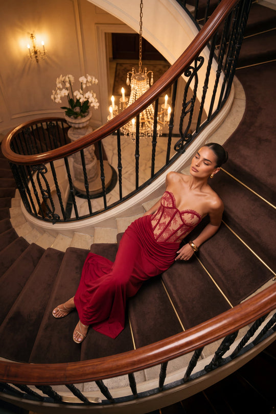 Wine Corset Bandeau Lace Detail Maxi Dress - Andie