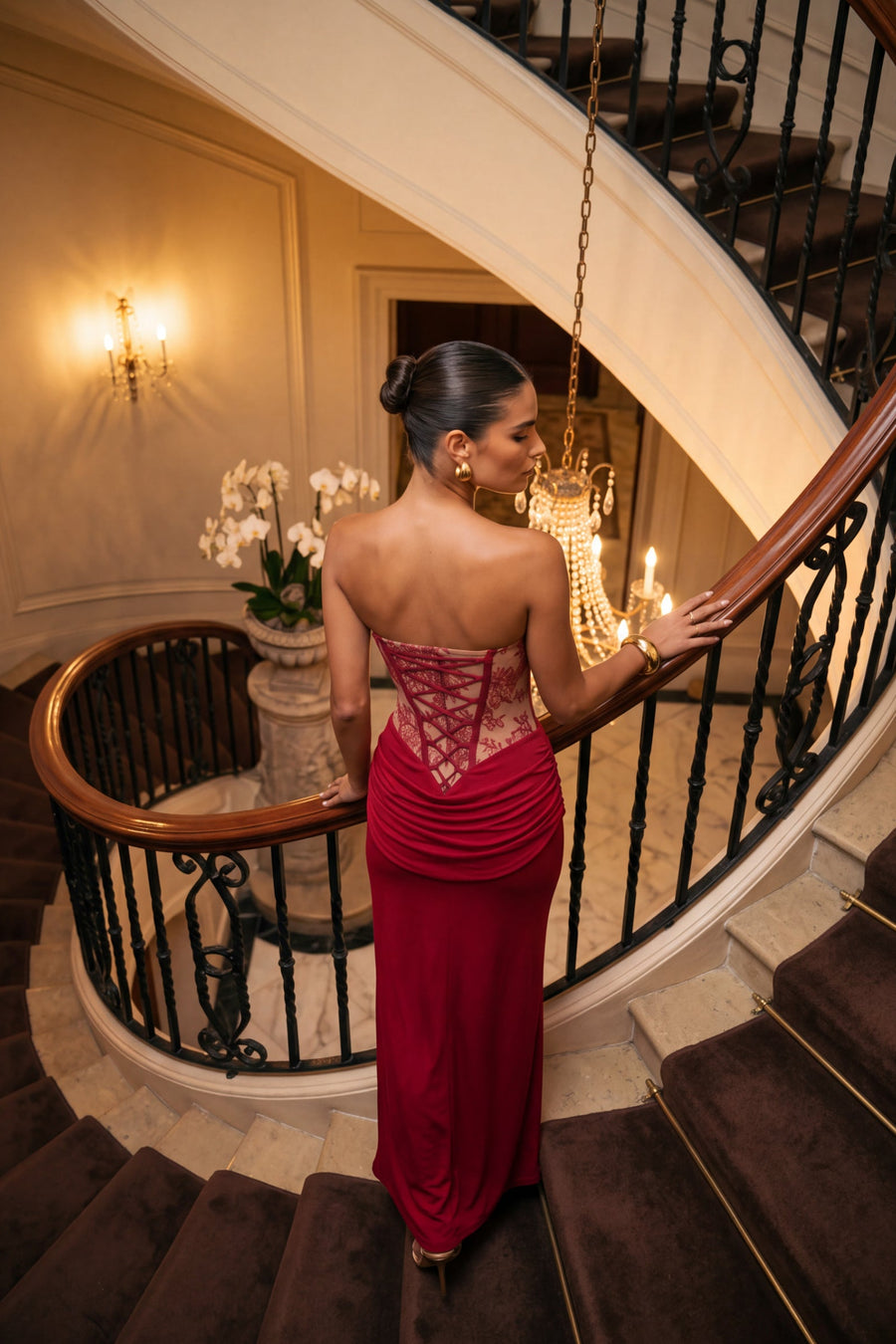 Wine Corset Bandeau Lace Detail Maxi Dress - Andie