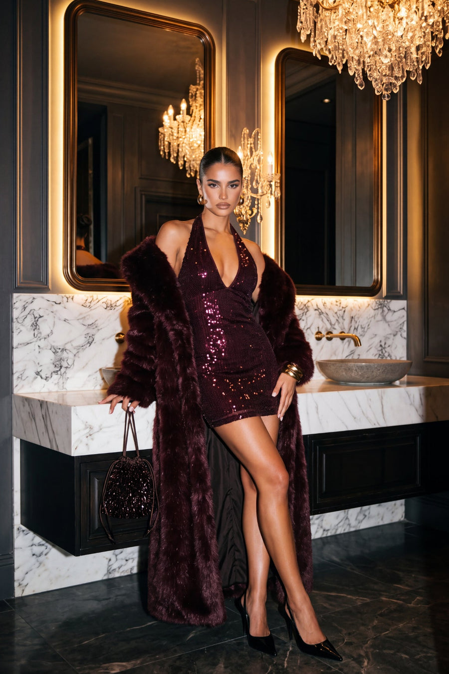 Wine Sequin Halterneck Mini Dress - Zada
