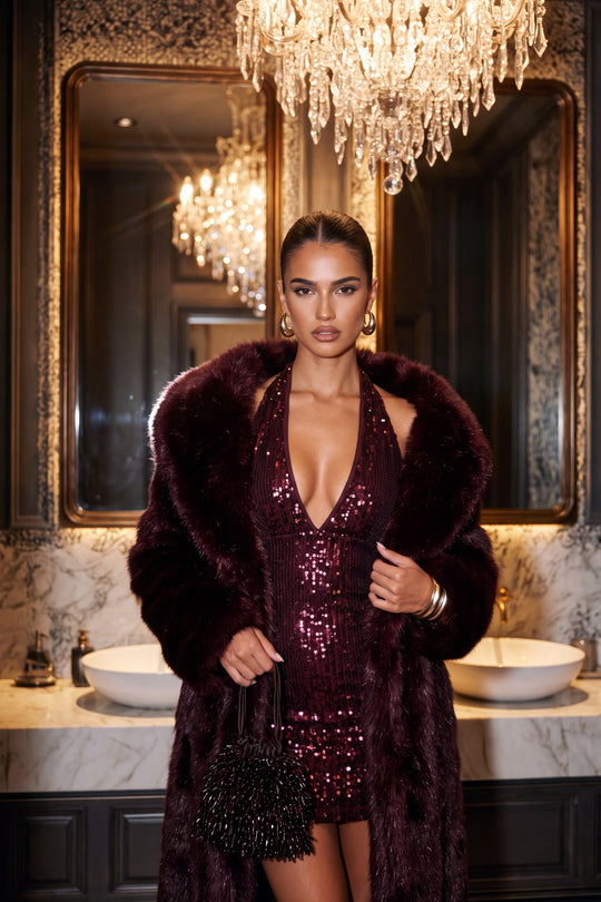 Wine Sequin Halterneck Mini Dress - Zada