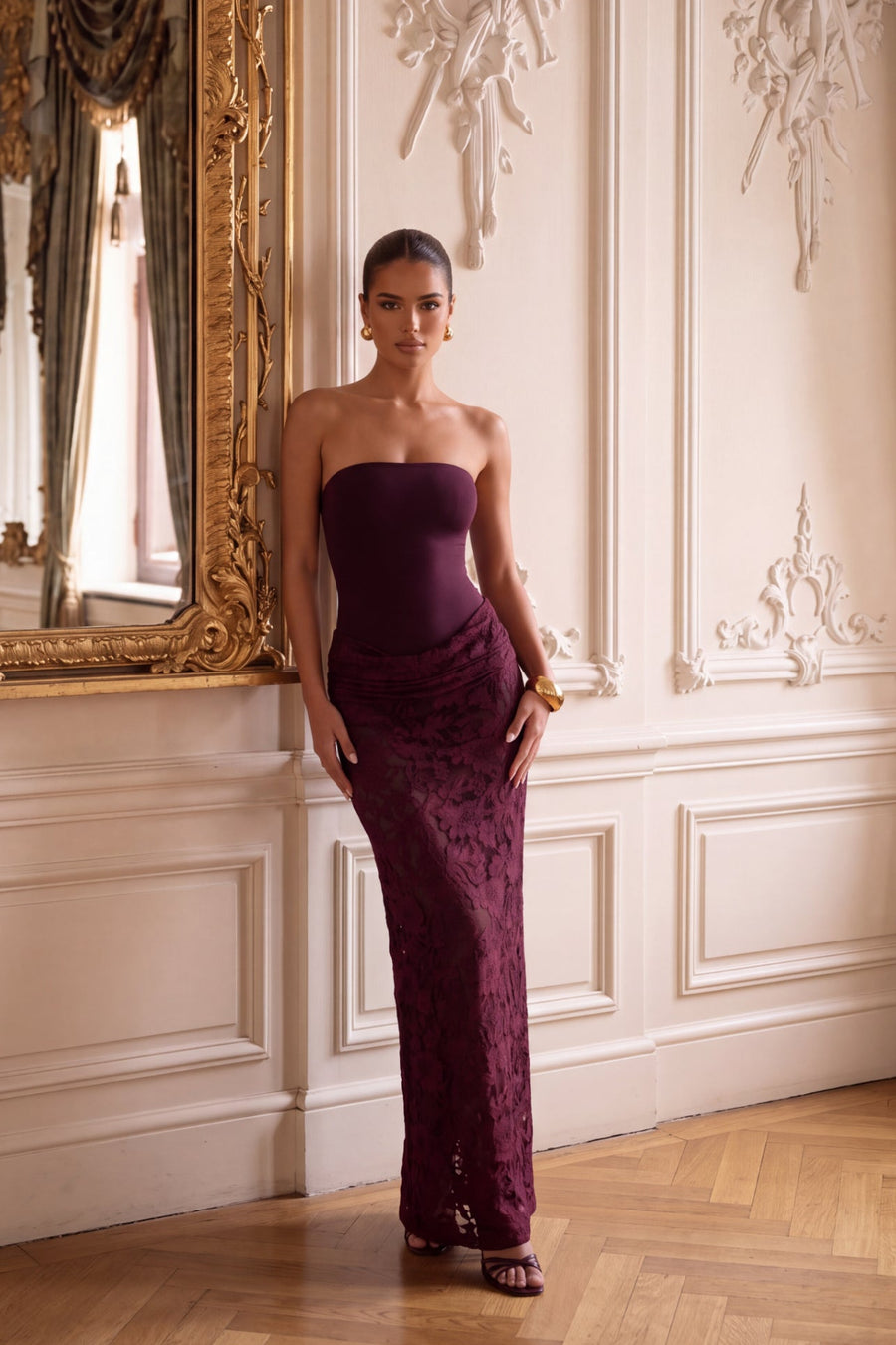 Plum Burnout Skirt Bandeau Maxi Dress - Taya