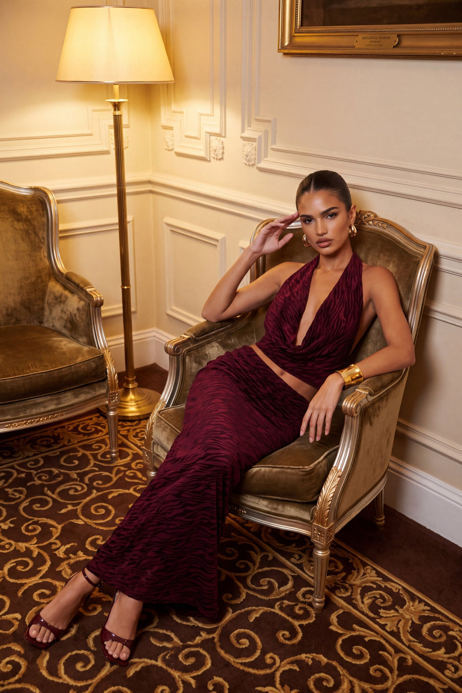 Wine Velvet Zebra Devore Cowl Halter Top and Maxi Skirt Co-ord Set - Gerry