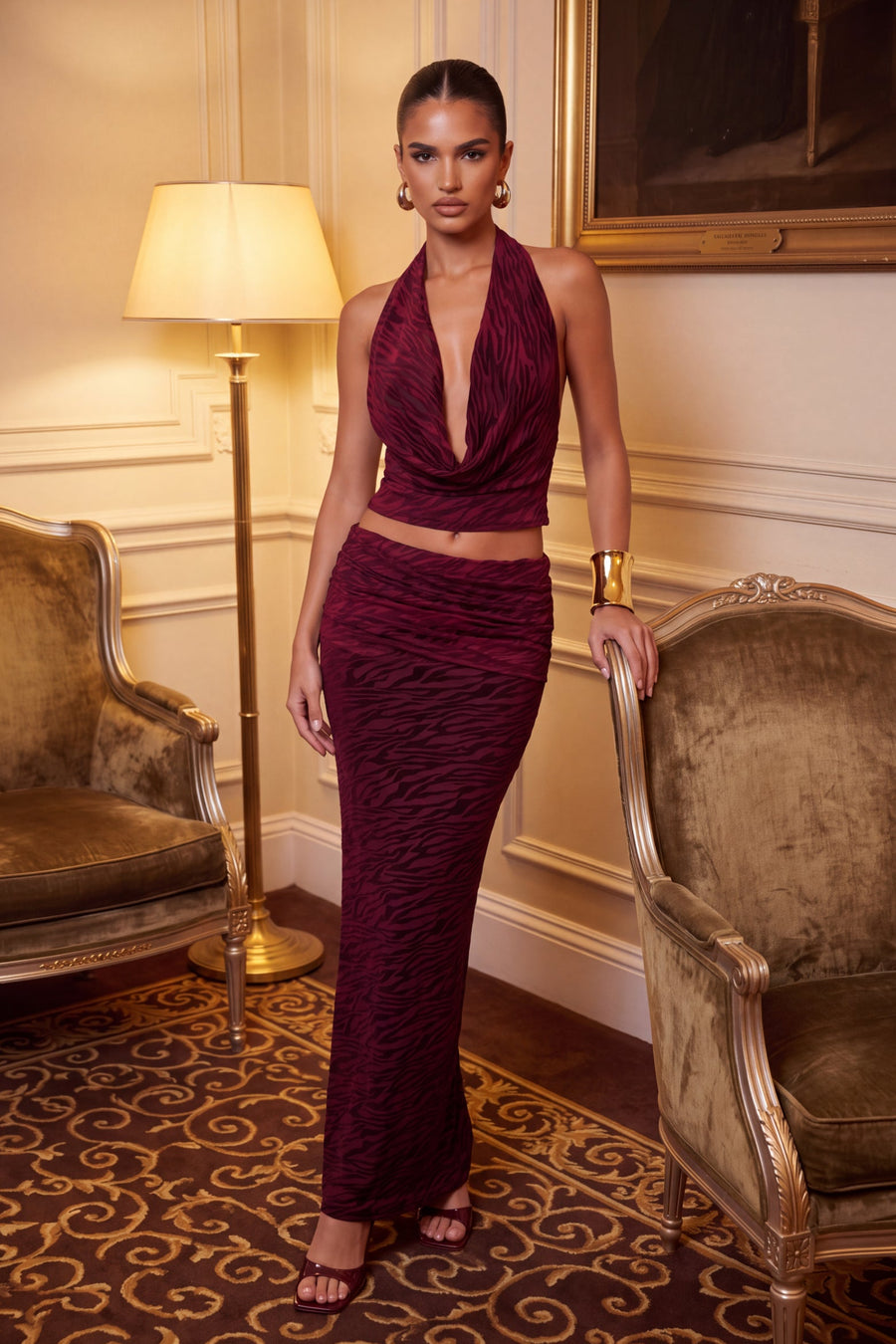 Wine Velvet Zebra Devore Cowl Halter Top and Maxi Skirt Co-ord Set - Gerry