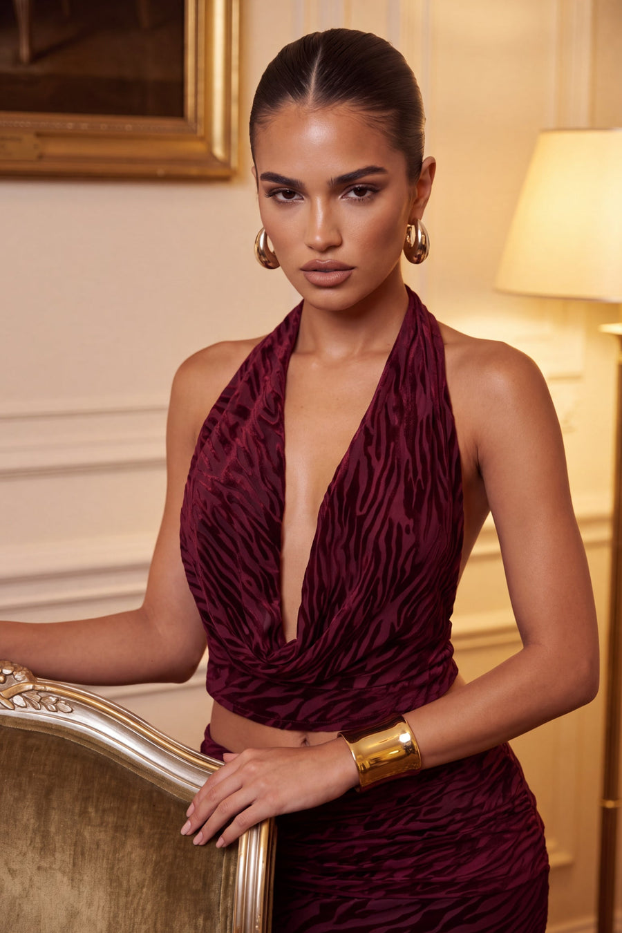 Wine Velvet Zebra Devore Cowl Halter Top and Maxi Skirt Co-ord Set - Gerry