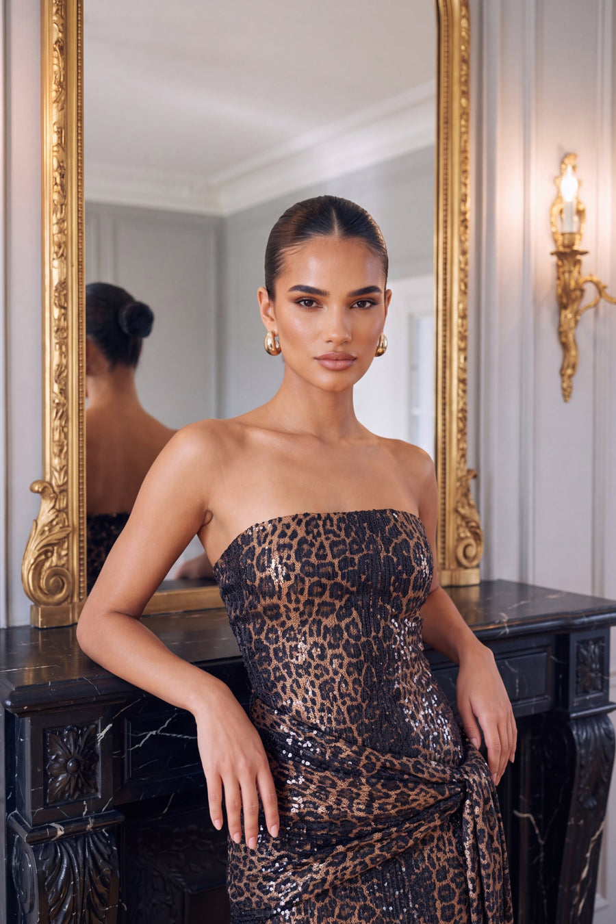 Brown Leopard Sequin Drape Detail Mini Dress - Kelsie