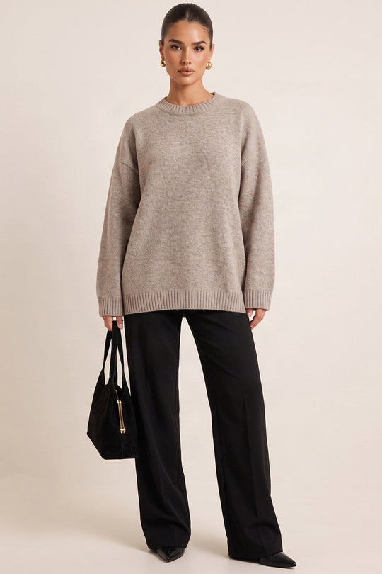 Grey Crew Neck Oversized Jumper - Rubina