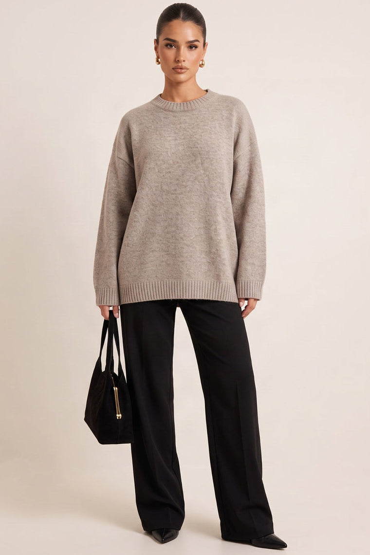 Grey Crew Neck Oversized Jumper - Rubina