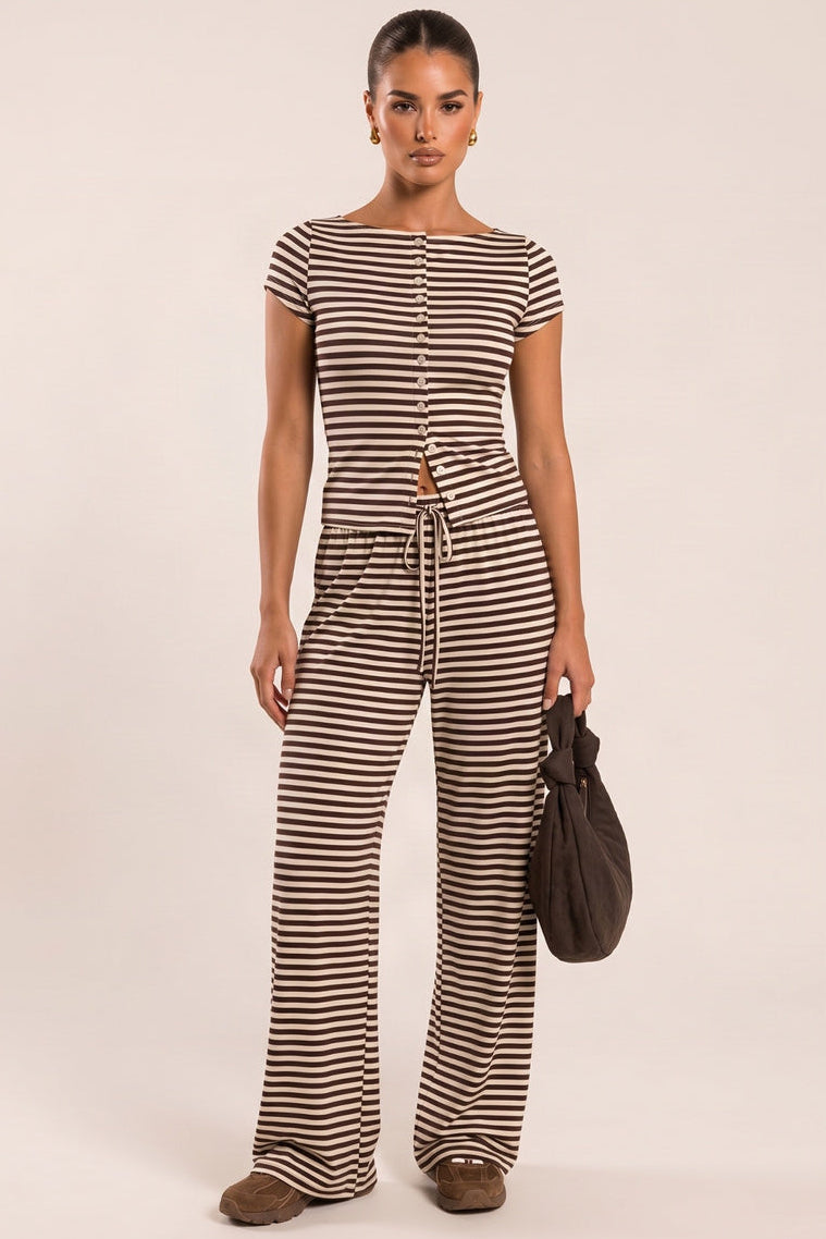 Brown Striped Jersey Button Front Top and Trouser Loungewear Co-ord Set - Leesha