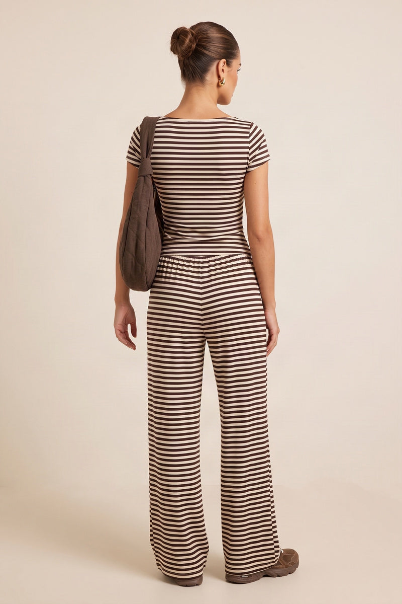 Brown Striped Jersey Button Front Top and Trouser Loungewear Co-ord Set - Leesha
