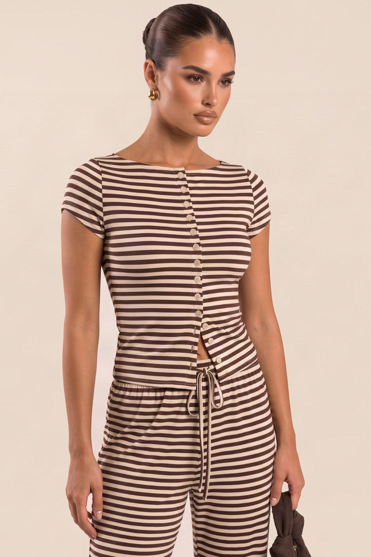 Brown Striped Jersey Button Front Top and Trouser Loungewear Co-ord Set - Leesha