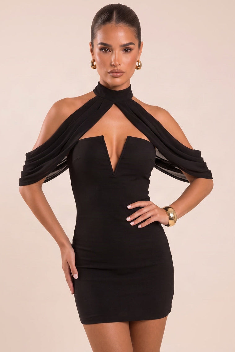 Black Bengaline Plunge Neck Drape Detail Mini Dress - Ollie
