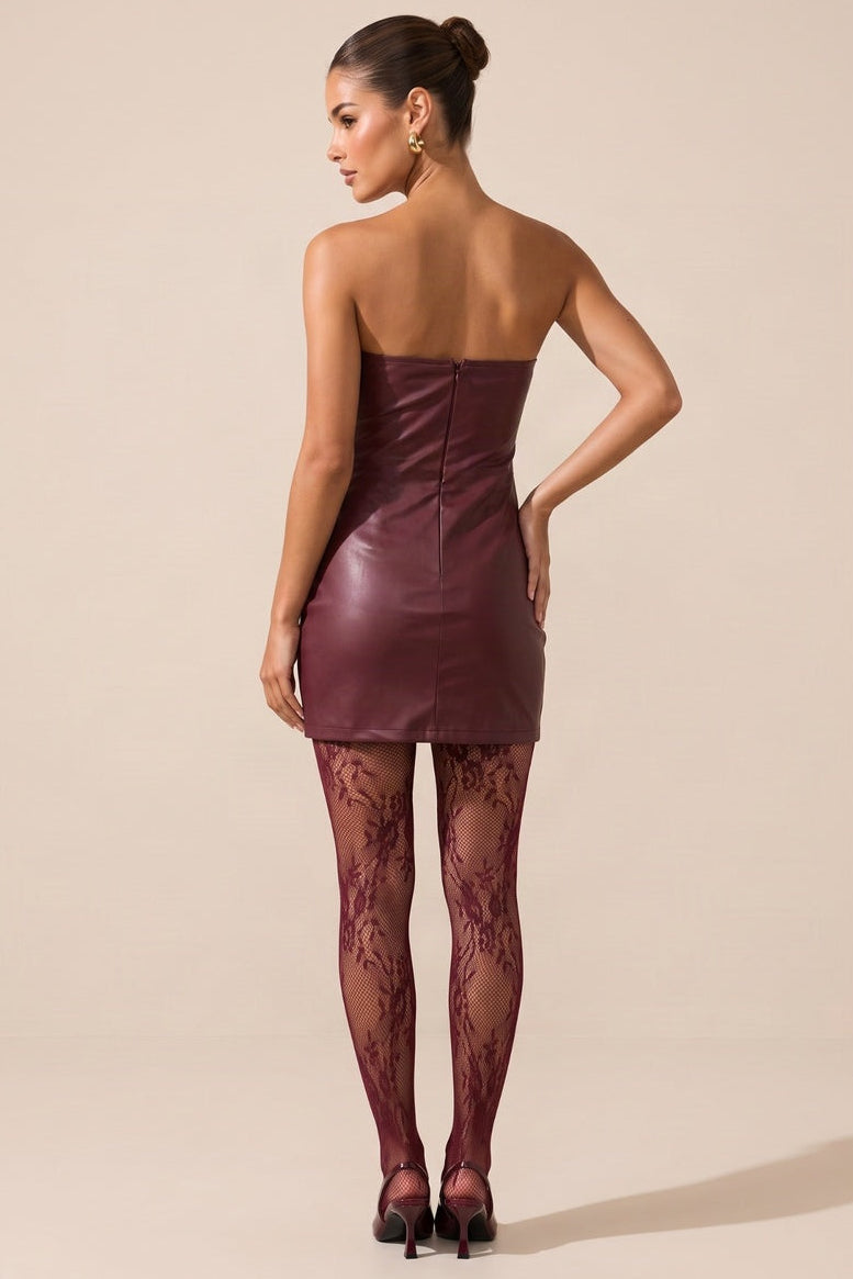 Burgundy Faux Leather Bandeau Ruched Mini Dress - Alvia