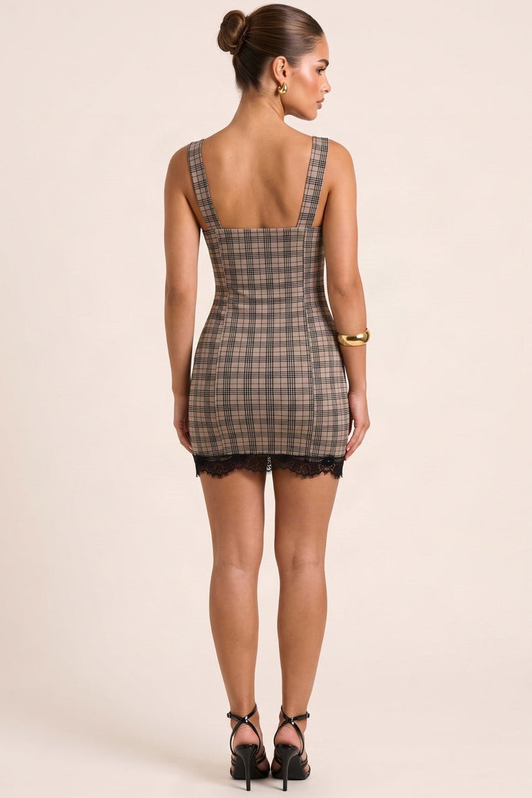 Taupe Check Print Lace Hem Mini Dress - Leonna