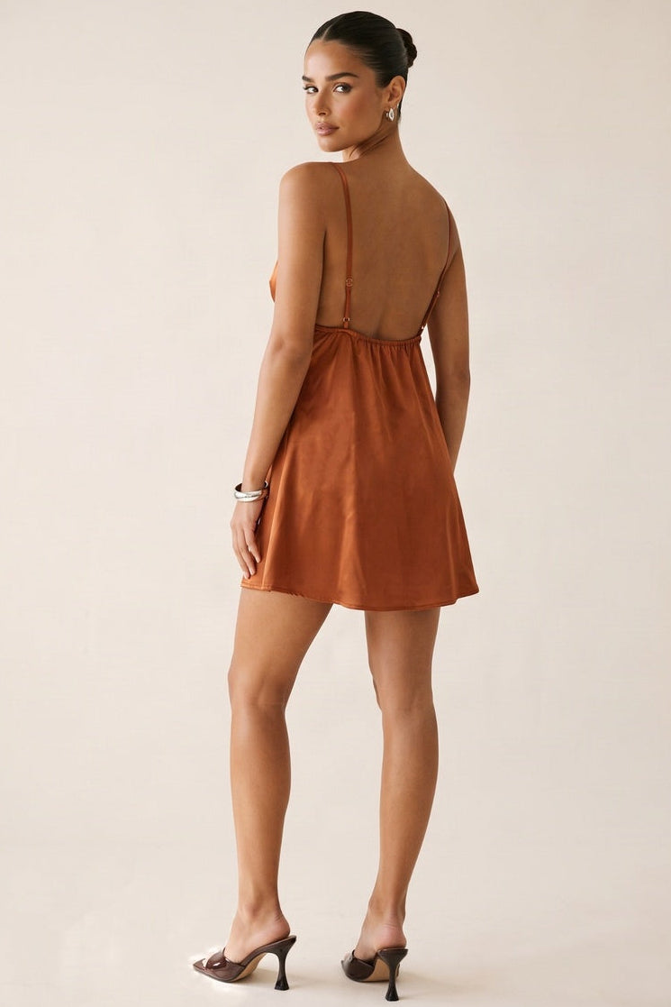 Rust Satin Contrast Lace Trim Plunge Mini Dress - Jeslyn