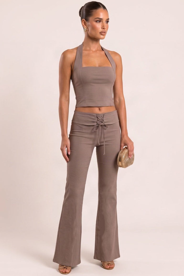 Mocha Bengaline Halter Top and Lace Front Flare Trouser Co-ord Set - Charlotta