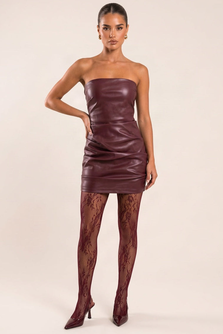 Burgundy Faux Leather Bandeau Ruched Mini Dress - Alvia