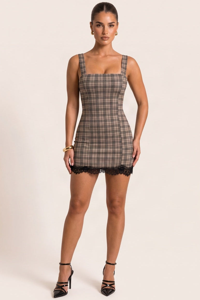 Taupe Check Print Lace Hem Mini Dress - Leonna