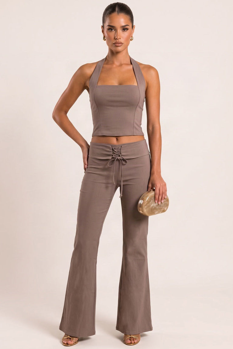 Mocha Bengaline Halter Top and Lace Front Flare Trouser Co-ord Set - Charlotta