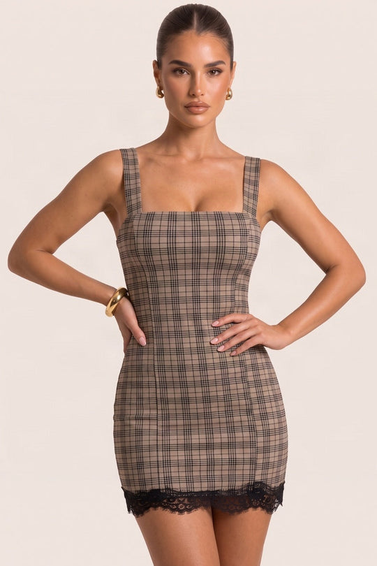 Taupe Check Print Lace Hem Mini Dress - Leonna