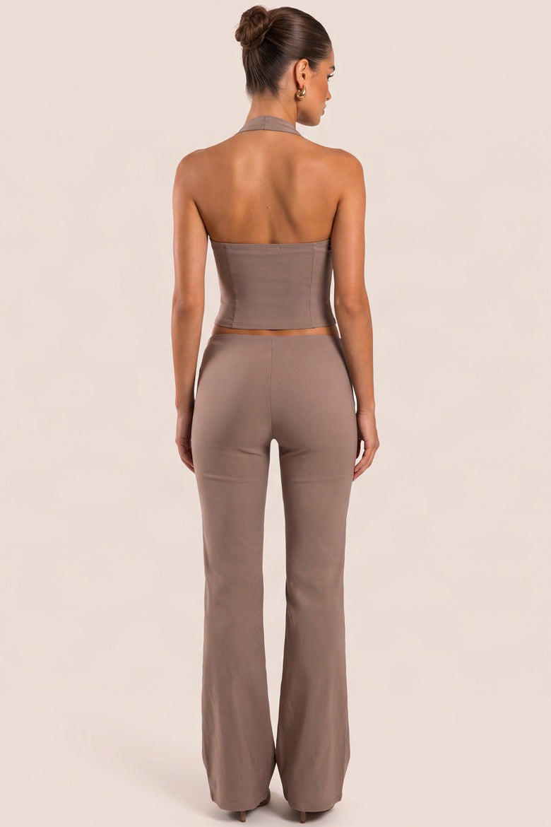 Mocha Bengaline Halter Top and Lace Front Flare Trouser Co-ord Set - Charlotta