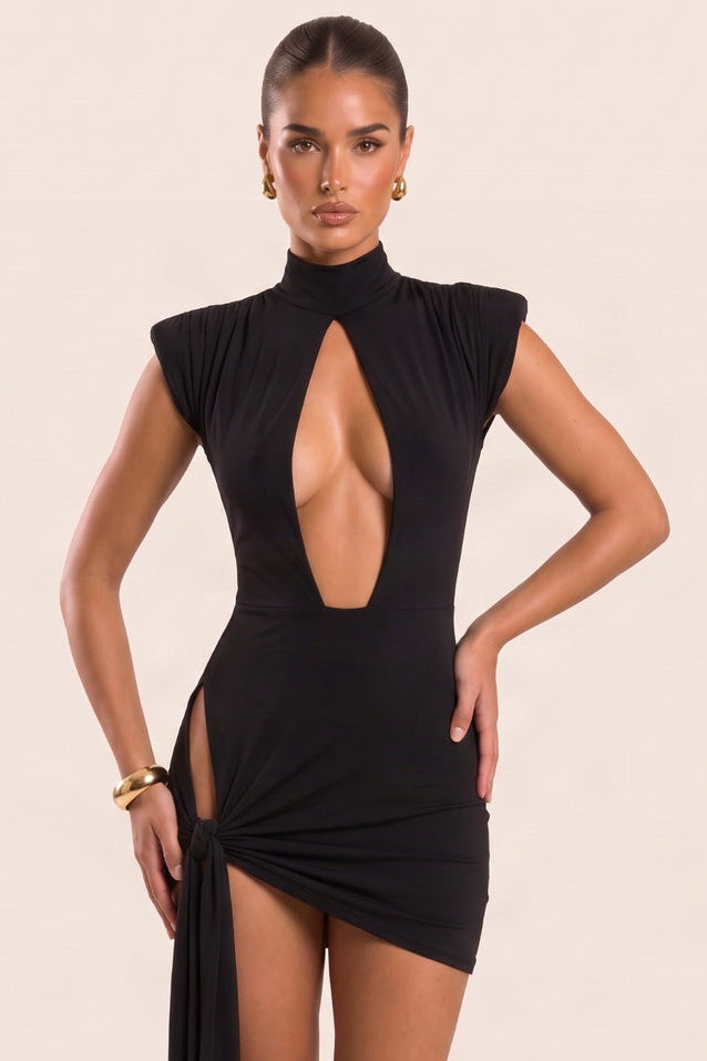 Black Slinky Cut Out Shoulder Pad Mini Dress - Kelcey