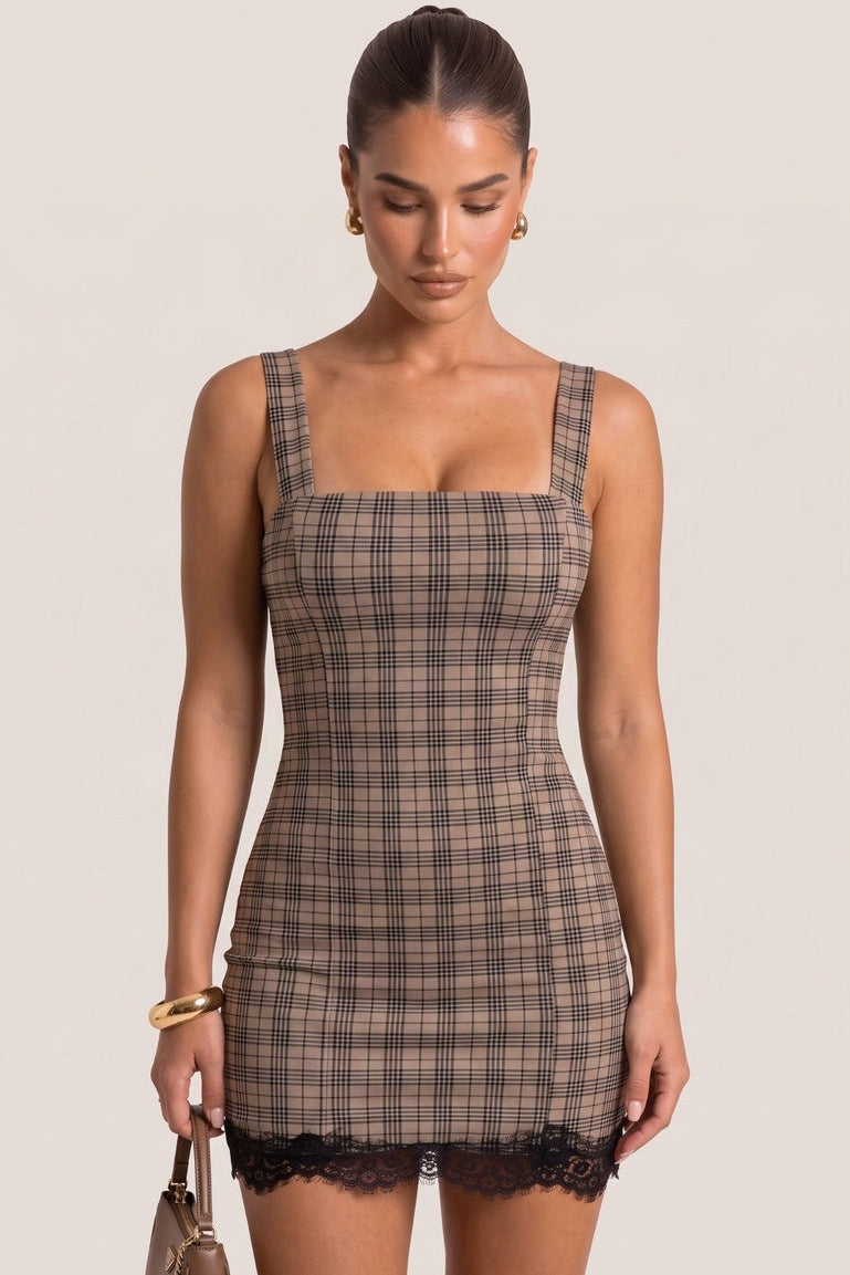 Taupe Check Print Lace Hem Mini Dress - Leonna