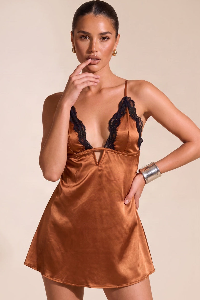 Rust Satin Contrast Lace Trim Plunge Mini Dress - Jeslyn