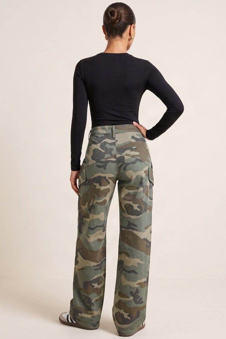 Khaki Camo Wide Leg Denim Jeans - Rohan