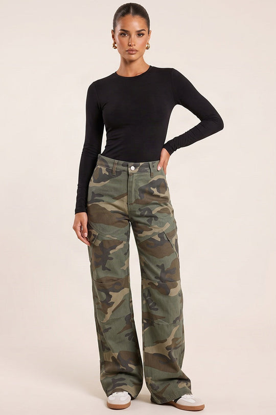 Khaki Camo Wide Leg Denim Jeans - Rohan