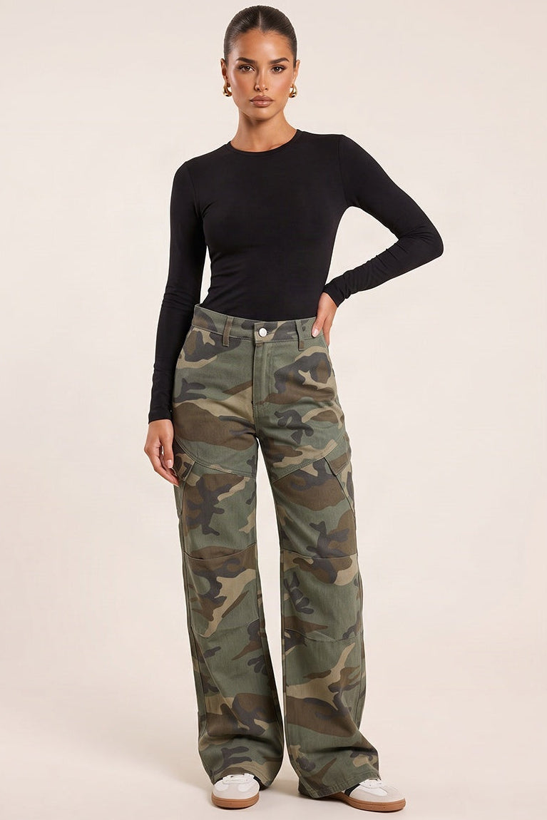 Khaki Camo Wide Leg Denim Jeans - Rohan
