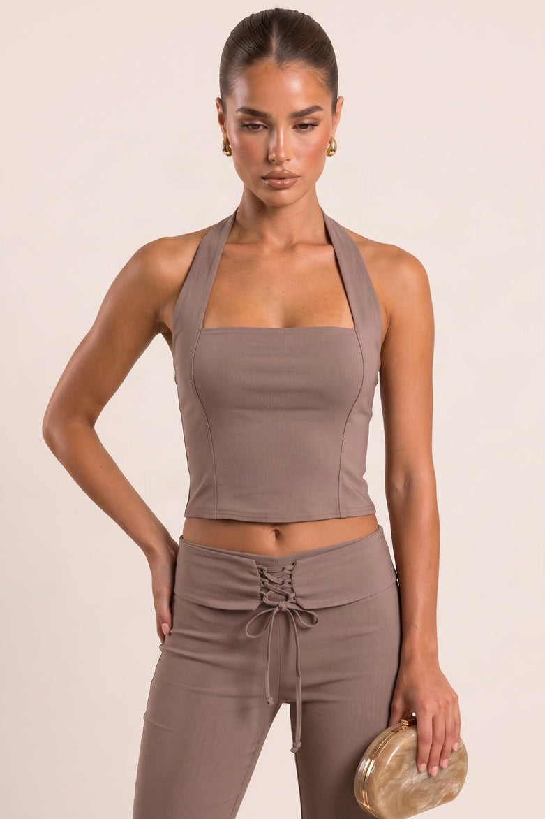 Mocha Bengaline Halter Top and Lace Front Flare Trouser Co-ord Set - Charlotta
