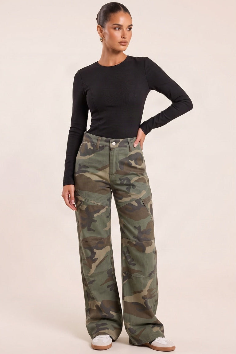Khaki Camo Wide Leg Denim Jeans - Rohan
