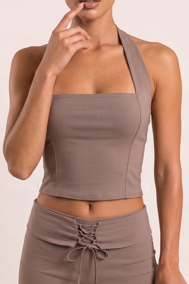 Mocha Bengaline Halter Top and Lace Front Flare Trouser Co-ord Set - Charlotta