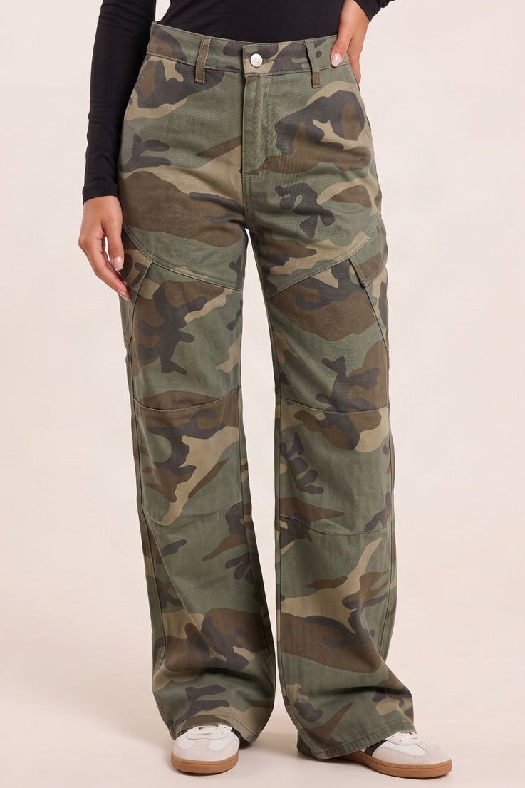 Khaki Camo Wide Leg Denim Jeans - Rohan
