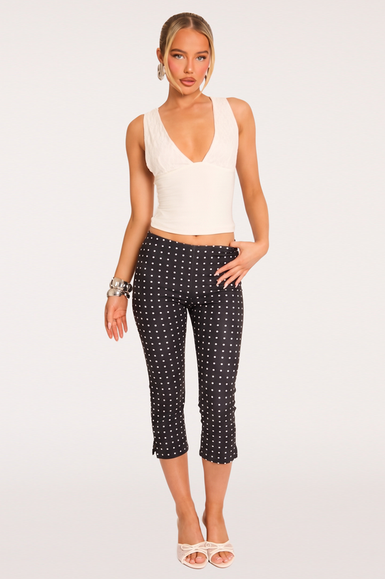 Black Polka Dot Bengaline Split Hem Capri Pants - Claudia