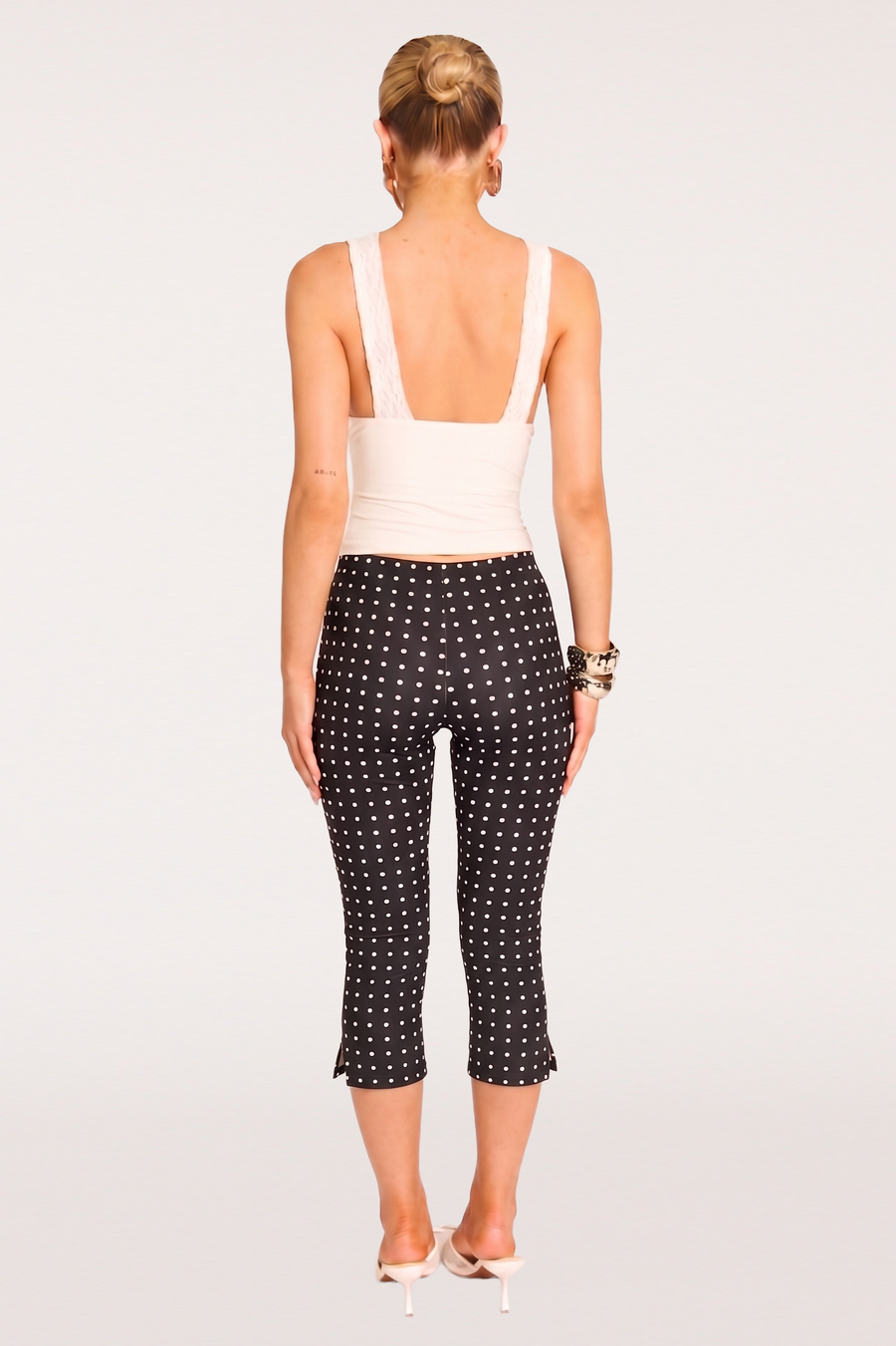 Black Polka Dot Bengaline Split Hem Capri Pants - Claudia