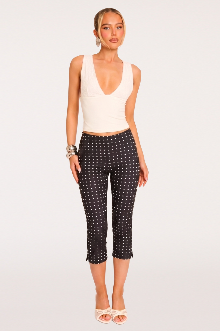 Black Polka Dot Bengaline Split Hem Capri Pants - Claudia